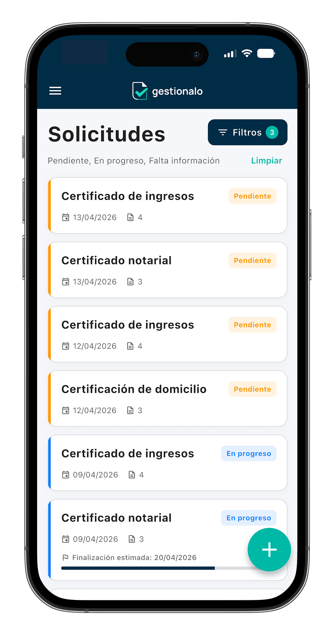 Pantalla de solicitudes en la app Gestionalo